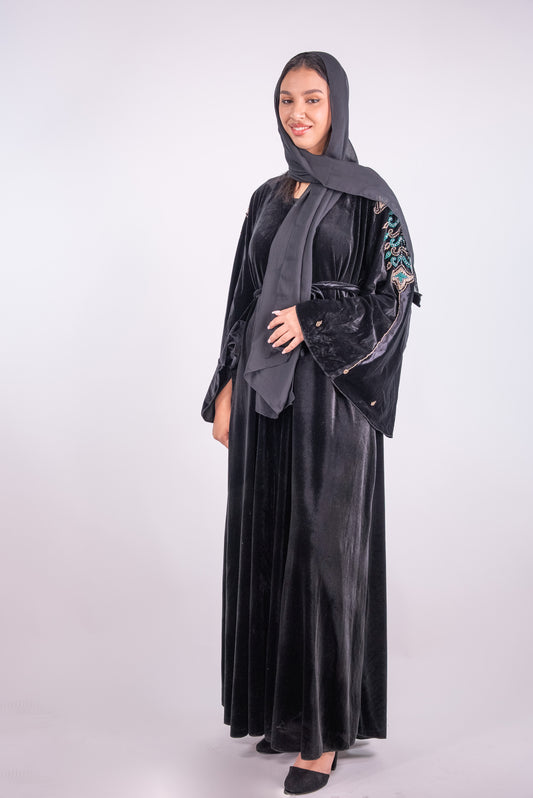Deep Charcoal Velvet Abaya